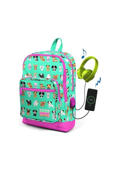 Coral High Kadın Su Yeşili Köpek Desenli Usb Şarjlı Kulaklık Çıkışlı Okul Sırt Çantası 23266