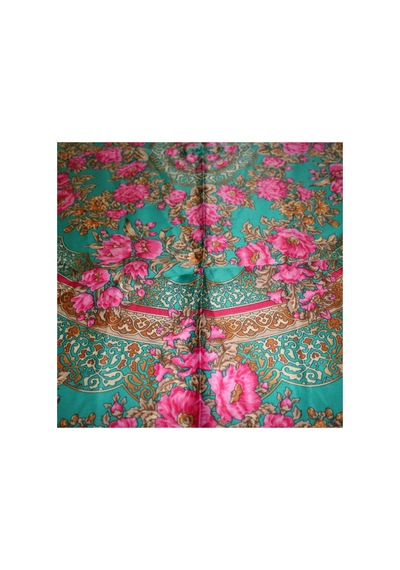 Tikitonki Pembe Çiçek Desenli Kare Kesim Nil Yeşili Eşarp - 90x90 Çok Renkli Çok Renkli