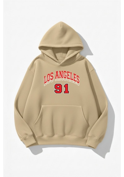 Uyguntarz Unisex Yumuşak Dokulu Los Angeles 91 Baskılı Tasarım Oversize 3 İplik Hoodie Sweatshirt Bej