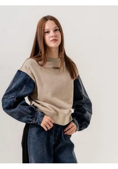 Kız Çocuk Mevsimlik Denim Kol 3 İplik Sweatshirt-14774 Kahverengi
