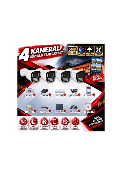 4 Kameralı Güvenlik Kamerası Seti 5mp Yapay Zeka Gece Renkli Görüş 21 Warm Led Ultra Hd 521w
