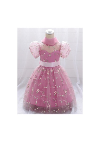 Lilymoon Scuba Kumaş Brodeli Kız Çocuk Abiye Elbise Pembe