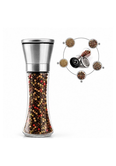 Seramik Öğütücülü 5 Kademeli Tuz Ve Karabiber Değirmeni 200 Ml Şeffaf Cam Hazne 18 Cm 2'li Set