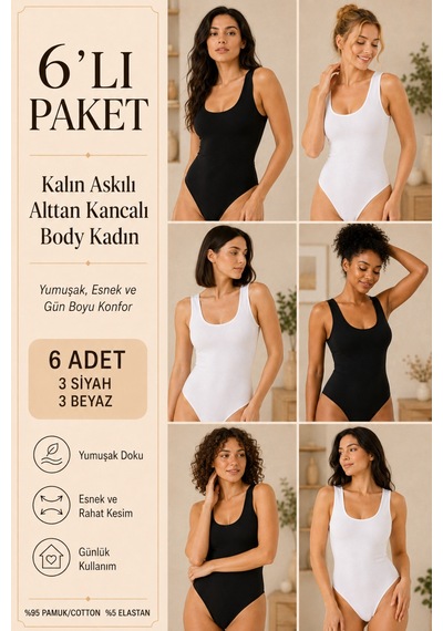 Loule Kadın 6'lı Geniş Askılı Pamuklu Alttan Kancalı Body Siyah-beyaz Siyah - Beyaz