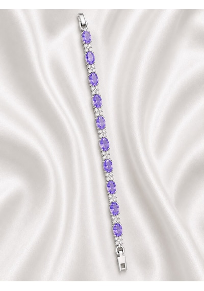 Mor Oval Kristal Taşlı Çiçek Desenli Tam Tur 19 Cm Çelik Kadın Bileklik Mor - Beyaz