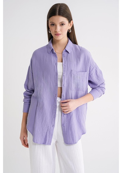 Mixray 3833 Kadın Oversize Cepli Müslin Gömlek Menekşe