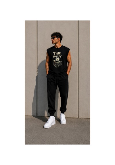 Herkesemoda Tıme İs Money Baskı Detaylı Sıfır Kol Bisiklet Yaka T-shirt Siyah