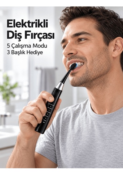 5 Çalışma Modlu Siyah Elektrikli Diş Fırçası 3 Yedek Başlık Hediy