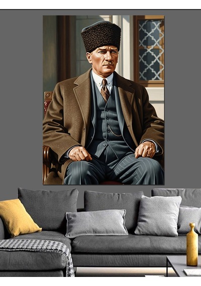 Mustafa Kemal Atatürk Oturuşu Dekoratif Kanvas - Mdf Ahşap Tablo