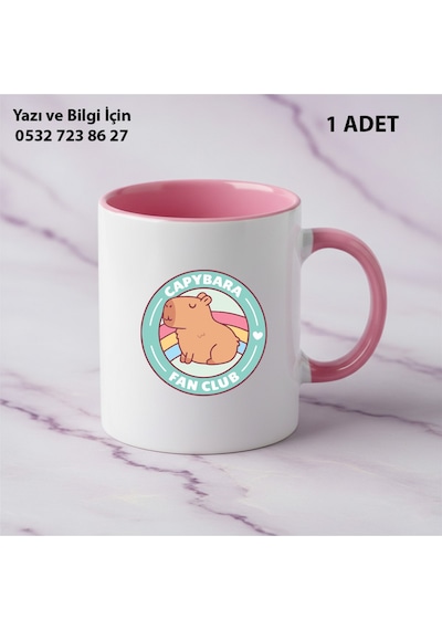 Capybara Kaliteli Porselen İsim Yazılabilir Premium Hediyelik Baskılı Kupa Bardak Doğum Günühediyesi Pembe