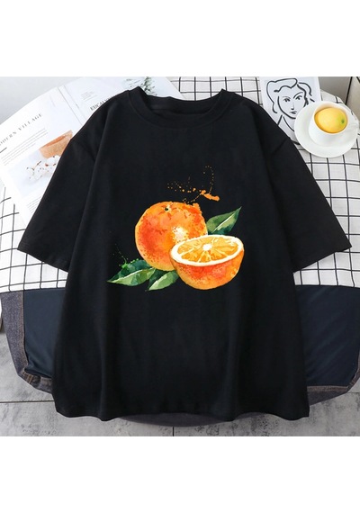 Startmore Beyaz Meyve Nar Turuncu Harajuku Tshirt Kawaii Bahar Ve Yaz Kısa Kol Siyah