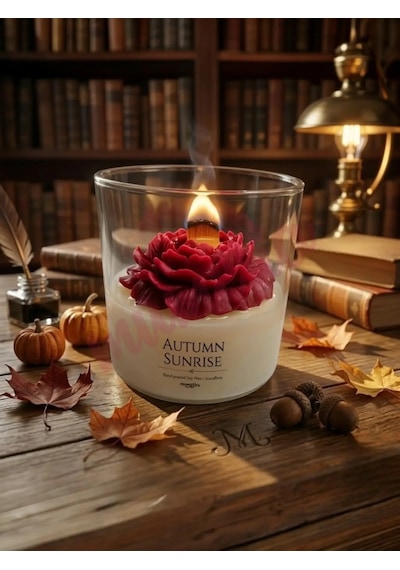 Mumelia Autumn Sunrise Şakayık Figürlü - Doğal Soya Cam Kavanoz Tasarım Mum - Kırmızı