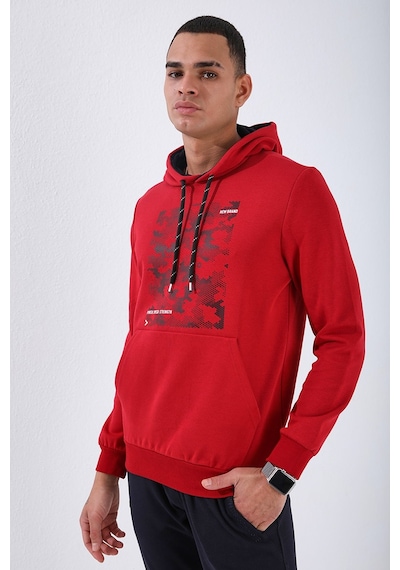 Tommy Life Kırmızı Kamuflaj Desen Baskılı Standart Kalıp Kapüşonlu Erkek Sweatshirt - 87884 Kırmızı