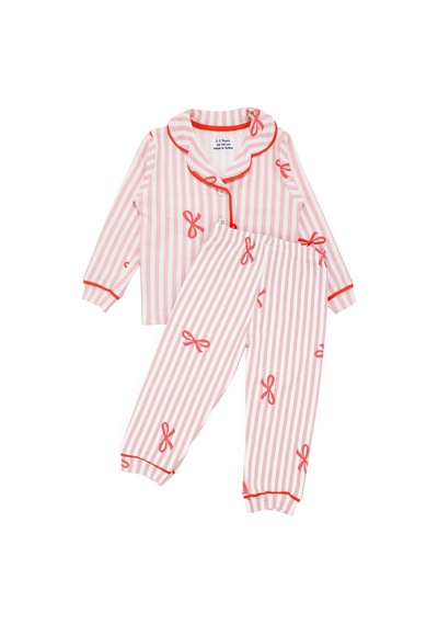 Bebegen Kız Bebek Beyaz Pudra Fiyonklu Çizgili Pijama Takımı