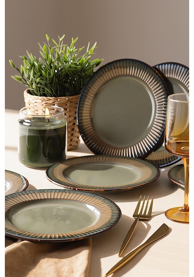 Reaktif Yeşil Line Pasta Tabağı 21 Cm 6 Adet Q84 Çok Renkli