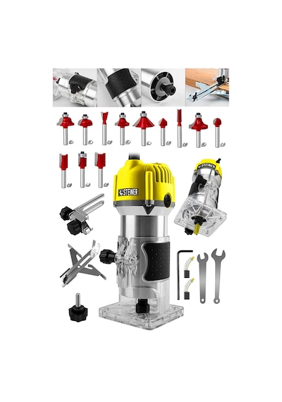 Steiner 3000 W 6 Kademe Devir Ayarlı Formika Traşlama Freze Makinesi 6 MM Pens Sarı + 12 Adet Uç