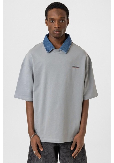 Polo Yaka Yazı Detaylı Oversize Tişört Gri