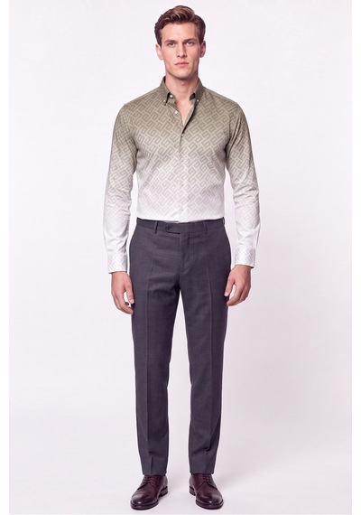 Slim Fit Düğme Yaka Desenli Haki Gömlek G 1611
