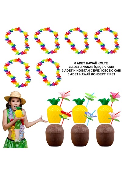Tropikal Hawaii Parti Malzemeleri Kolye, Pipet, Bardak Seti 5673 "