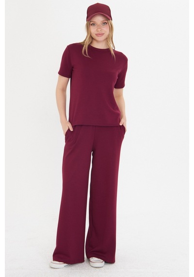 Thiff Gymwear Lacivert Kadın Modal Kumaş Kısa Kolu Eşofman Takımı Bordo