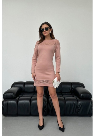Aqe Fashion Kadın Kayık Yaka Yakası Dantel Detaylı Mint Triko Elbise Pudra
