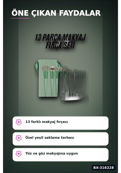 Makyaj Fırça Seti Yeşil 13 Parça Fondöten Allık Ve Far Makyaj Fırçaları Bx-316228