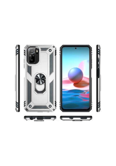 Xiaomi Redmi Note 10 Kılıf Sofya Yüzüklü Armour Silikon Kapak - Gümüş Gümüş