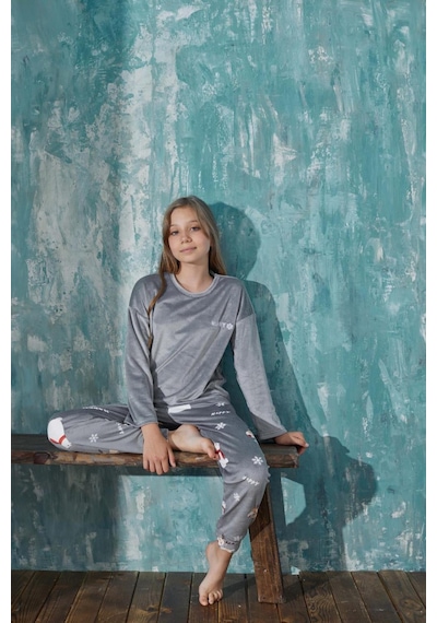 Kız Çocuk Uzun Kol Kadife Gri Pijama Takım C3t5n3o31-69 001