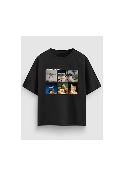 Yolo Street Meow Mood Kedi Grafik Baskılı Oversize Tişört %100 Pamuk Unisex Streetwear Siyah1