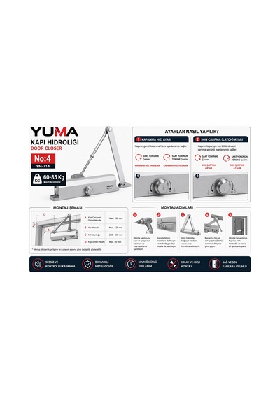 Yuma Ym-714 No:4 Hidrolik Kapı Kapatıcı 60-85 Kg Ayarlanabilir Sessiz Kapı Hidroliği Ağır Hizmet Tipi 1 Adet Kapı Hidroliği