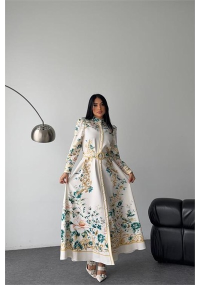 Neşeli Butik Kadın Kahverengi Hakim Yaka Çiçek Desenli Maxi Boy Tasarım Elbise Nbms2653 Ekru