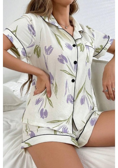 Bella Notte Çiçek Baskılı Şortlu Pijama Takımı Beyaz