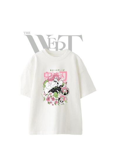 Thewert Mitsuri Kanroji Tasarım Baskılı Ünisex Beyaz Oversize T-shirt