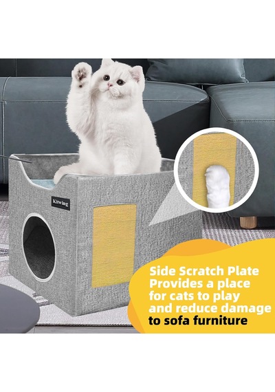 İç Mekan Kedileri İçin Kedi Yatağı, Katlanabilir Kedi Hideaway Çift Katlı Kedi Evi, Çizik Plakalı Kedi Evi, Ç