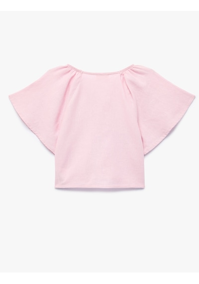Koton Kısa Kollu V Yaka Keten Ve Viskon Karışımlı Bağlamalı Bluz Pembe 6skg60016aw Gül