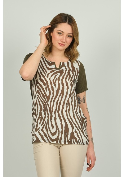 Ella Camelia Kadın Zebra Desenli Kısa Kol Bluz 20e016 Haki