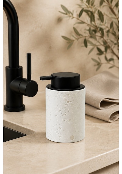 Terra Stoneware Traverten Dokulu Siyah Pompalı Dekoratif Sıvı Sabunluk 500 Ml , 13 X 7.5 Cm Beyaz