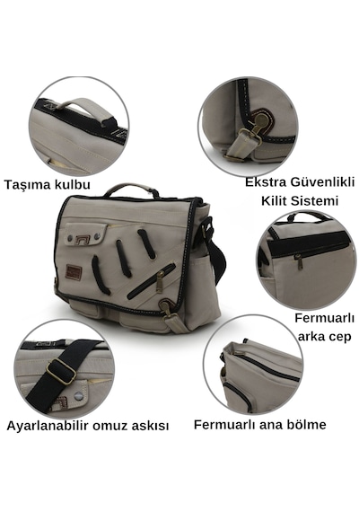 Cappadocia Vintage 4017 Açık Gri 14" Laptop Kanvas Postacı Okul Çantası Unisex Kilitli Çok Cepli Omuz Askılı Açık Gri