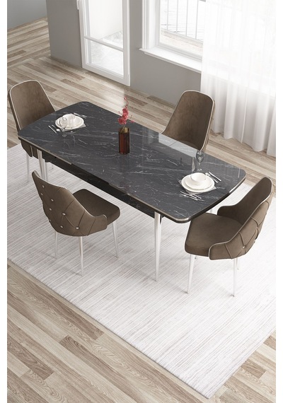 Canisa Tia Serisi 80x132 Açılabilir Mdf Siyah Mermer Desen Krom Detay Masa Takımı Ve 4 Kahverengi Sandalye Masa Siyah Mermer Desen Sandalye Kahve Canisa Tia Serisi 80x132 Açılabilir Mdf Siyah Mermer Desen Krom Detay Masa Takımı Ve 4 Kahverengi Sandalye Masa Siyah Mermer Desen Sandalye Kahve