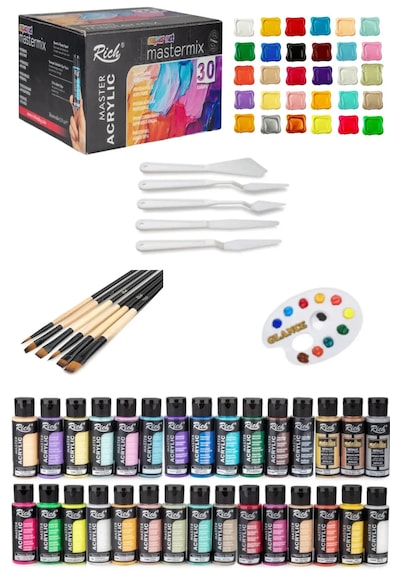 Rich Mastermix Akrilik Boya 60 Cc Süper Set 30 +boya Sanat Seti Fırça Karışık Renk