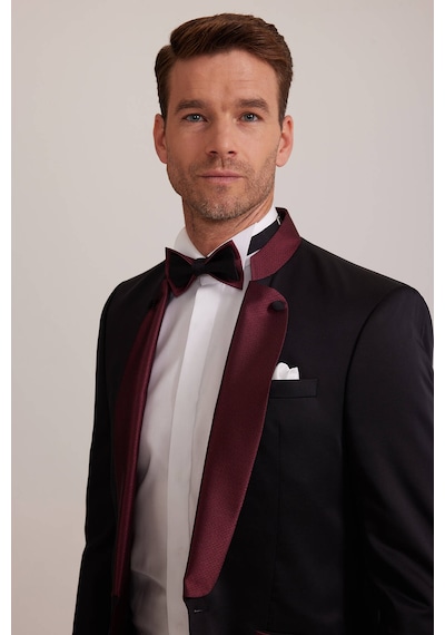 Ysf Erkek Bordo Siyah Slim Fit Şal Hakim Yaka Damatlık Bordo - Siyah