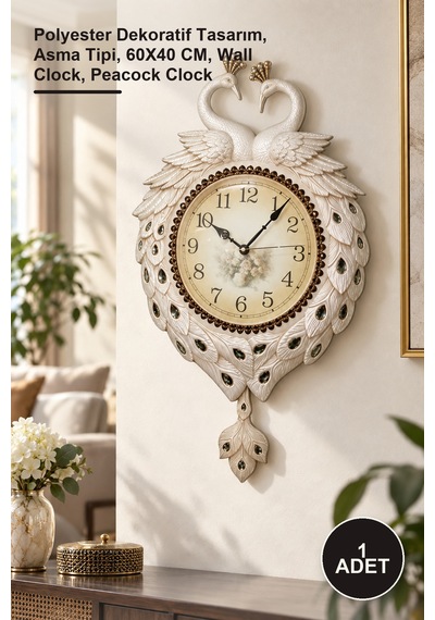1 Adet Tavuskuşu Duvar Saati Polyester Dekoratif Tasarım, Asma Tipi, 60x40 Cm, Wall Clock, Peacock Clock Diğer