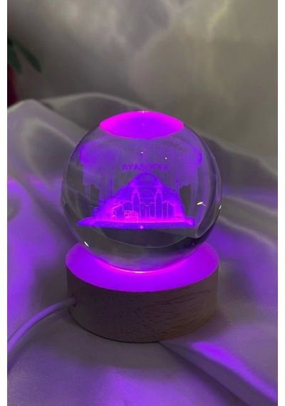 3d Led Işık Gecelambası Cam Küre Çok Renk Günışığı Ahşap Ayasofya Cami Gece Lambası 6 Cm