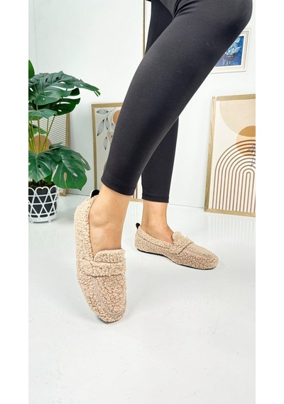 Günlük Kadın Loafer Peluş Astarlı Oval Burunlu Alçak Desenli Tabanlı Ayakkabı 375 VIZON
