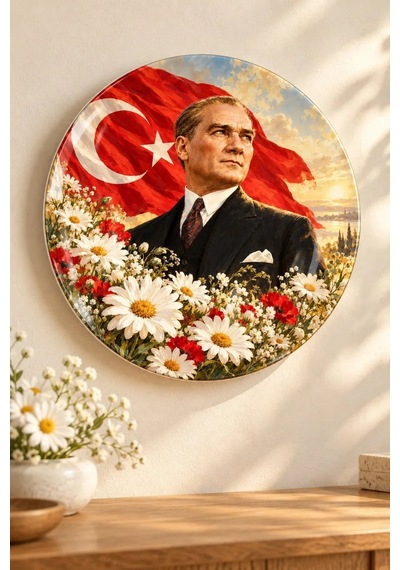 Dekoratif Duvar Tabağı Atatürk, Bayrak Ve Çiçekler Dekorlu Seramik Tabak Lacivert