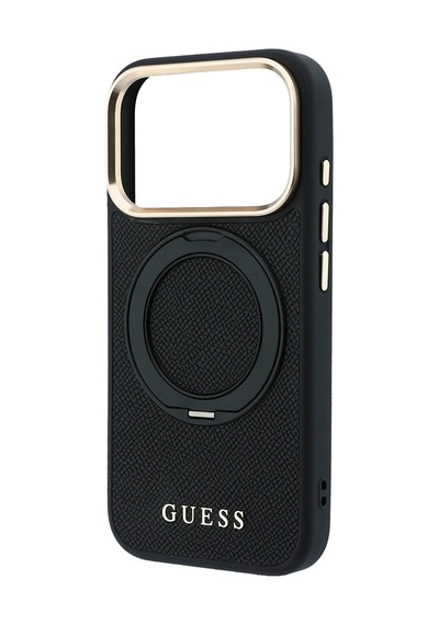 Apple iPhone Uyumlu 18 Pro Max Kılıf Guess Lisanslı M-safe Özellikli 360 Standlı Pu Metal Yazı Logolu Kapak Siyah