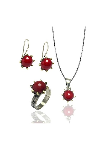 Mercan Taşlı El Işi Otantik Gümüş Üçlü Set (515514674)