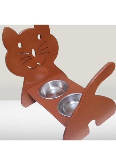 Hobi Erc 90373 Model Kedi Mama Ve Su Kabı Seti Mdf Ceviz Renk Paslanmaz Tabak