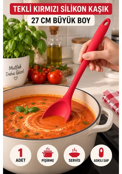 Tekli Kırmızı Büyük Boy Silikon Kaşık 27 Cm Mutfak Yemek Pişirme Ve Servis Kaşığı Evde Kullanım İçin