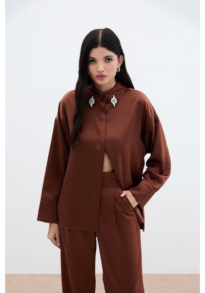 Sateen Aksesuar Detaylı Gömlek - Kahve-135987 Kahve